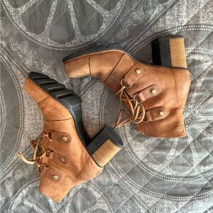 Sorel Waterproof Brown Suede Leather High Heel Lace-up Block Heel Ankle Boot